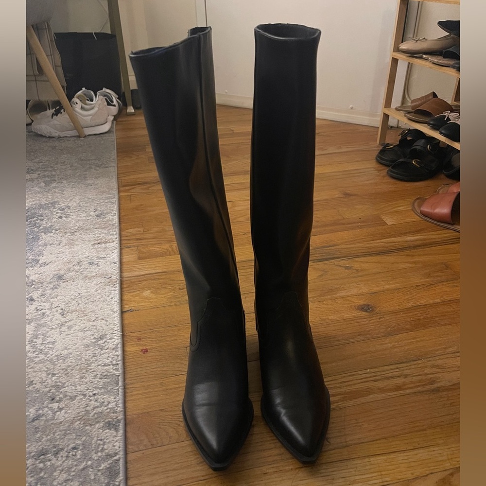 Zara black leather knee high boots
